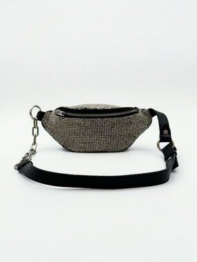 Alexander Wang Rhinestone Crystal Belt Bag Black Leather Chain Strap Silver